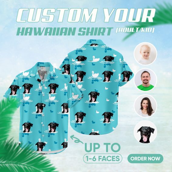 custom dog hawaiian shirt with black dog face and swans
