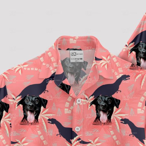 Pink dinosaur aloha shirt with dog faces and palm tree patterns