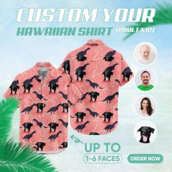 Pink dinosaur aloha shirt with dog faces and palm tree patterns