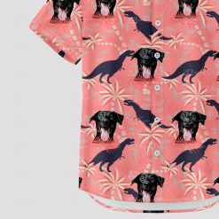 Pink dinosaur aloha shirt with dog faces and palm tree patterns