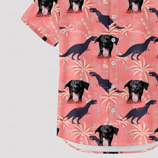 Pink dinosaur aloha shirt with dog faces and palm tree patterns