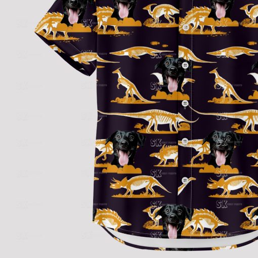 Orange dinosaur and black dog face pattern on Hawaiian shirt