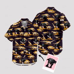 Orange dinosaur and black dog face pattern on Hawaiian shirt