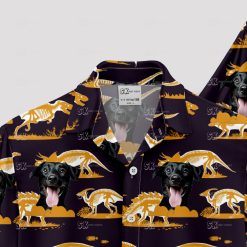 Orange dinosaur and black dog face pattern on Hawaiian shirt