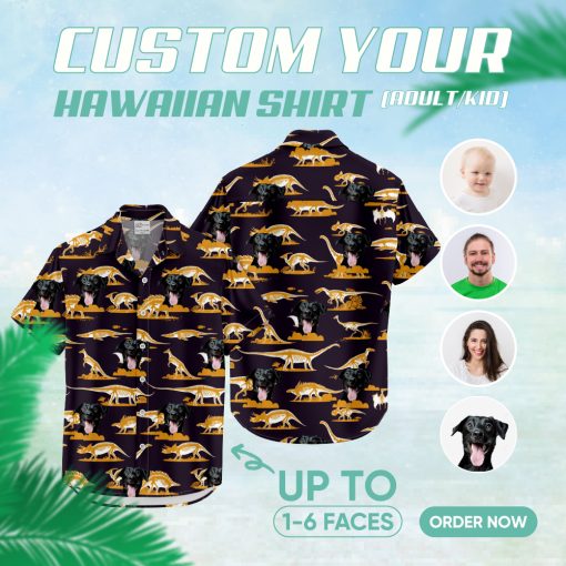Orange dinosaur and black dog face pattern on Hawaiian shirt