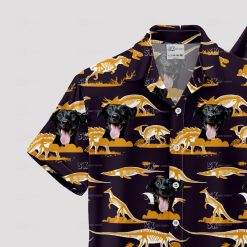 Orange dinosaur and black dog face pattern on Hawaiian shirt