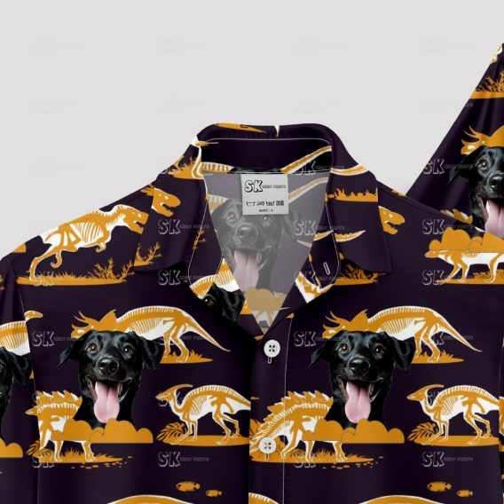 Orange dinosaur and black dog face pattern on Hawaiian shirt