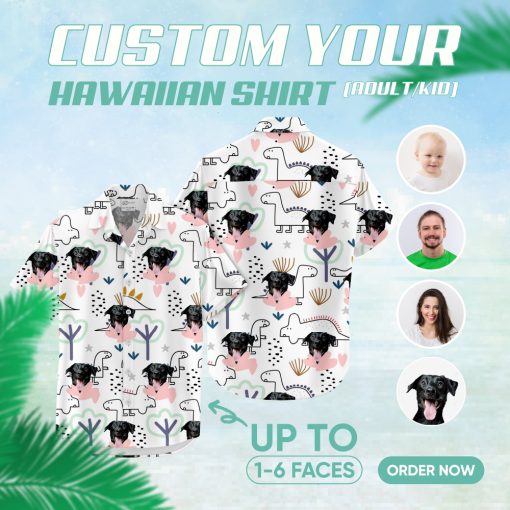 mens dinosaur hawaiian shirt with dog face and playful patterns