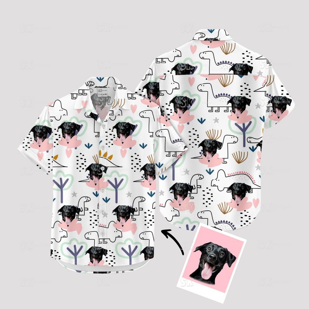 Dinosaur Hawaiian Shirt Mens – Fun Cartoon Dinosaurs & Custom Dog Face