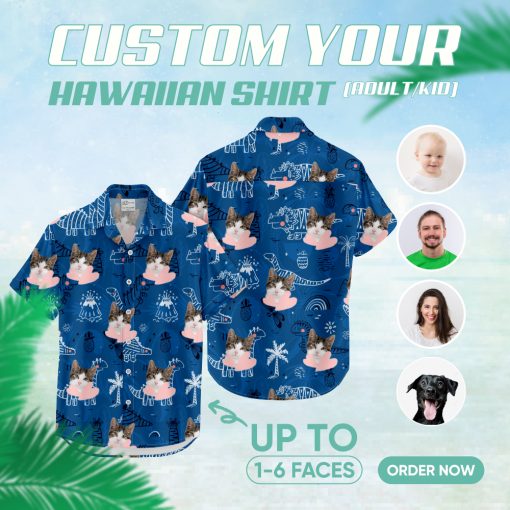 Blue Hawaiian shirt with dinosaur, cat face, and playful pattern