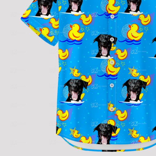 Blue Hawaiian shirt with black dog faces and yellow rubber ducks