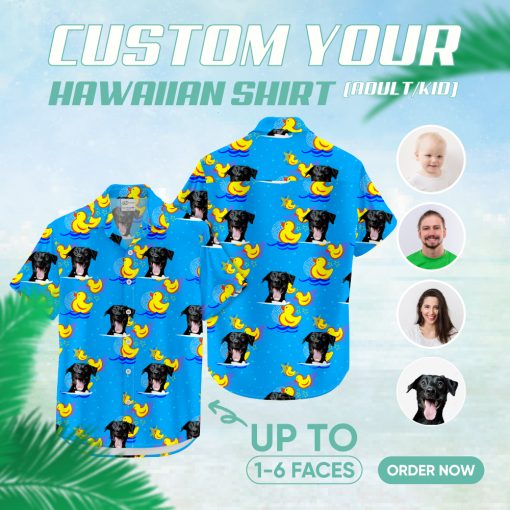 Blue Hawaiian shirt with black dog faces and yellow rubber ducks