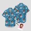 Blue funny Hawaiian shirt men with dinosaur skeletons and custom faces