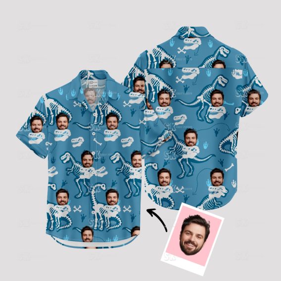 Blue funny Hawaiian shirt men with dinosaur skeletons and custom faces
