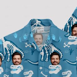 Blue funny Hawaiian shirt men with dinosaur skeletons and custom faces