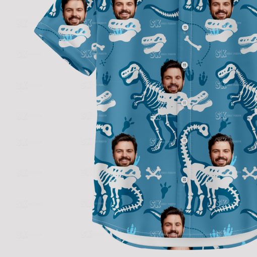 Blue funny Hawaiian shirt men with dinosaur skeletons and custom faces