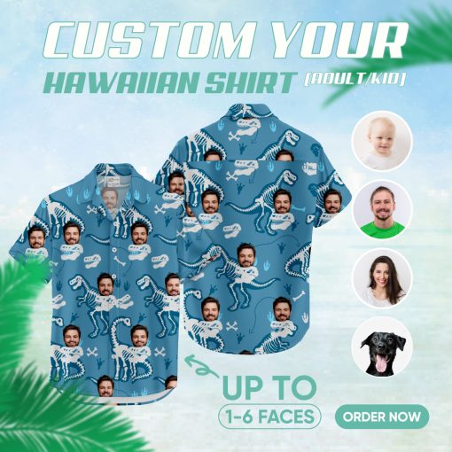 Blue funny Hawaiian shirt men with dinosaur skeletons and custom faces