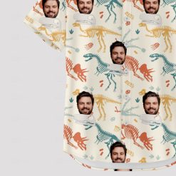 Mens Hawaiian aloha shirt with colorful dinosaur skeletons and face pattern