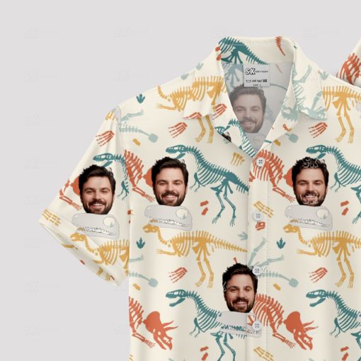 Mens Hawaiian aloha shirt with colorful dinosaur skeletons and face pattern