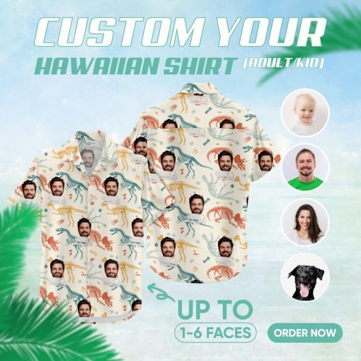 Mens Hawaiian aloha shirt with colorful dinosaur skeletons and face pattern