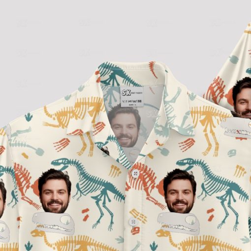 Mens Hawaiian aloha shirt with colorful dinosaur skeletons and face pattern