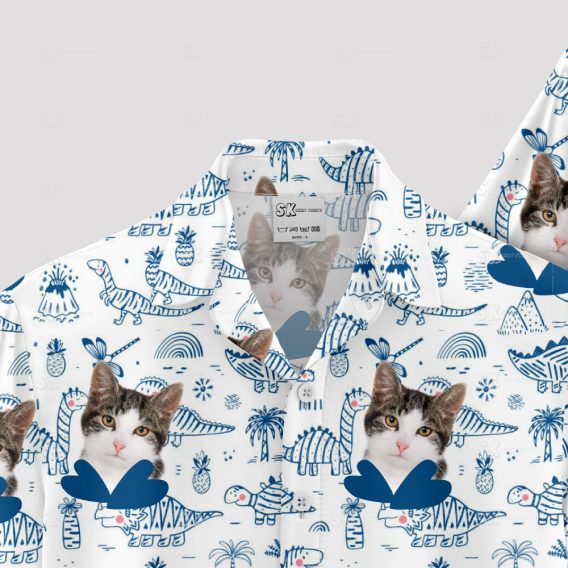 Cat face and dinosaurs on tropical Hawaiian shirt pattern