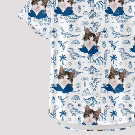 Cat face and dinosaurs on tropical Hawaiian shirt pattern