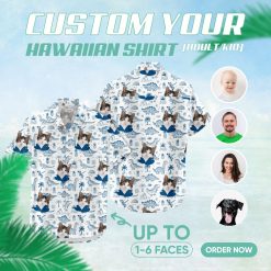 Cat face and dinosaurs on tropical Hawaiian shirt pattern