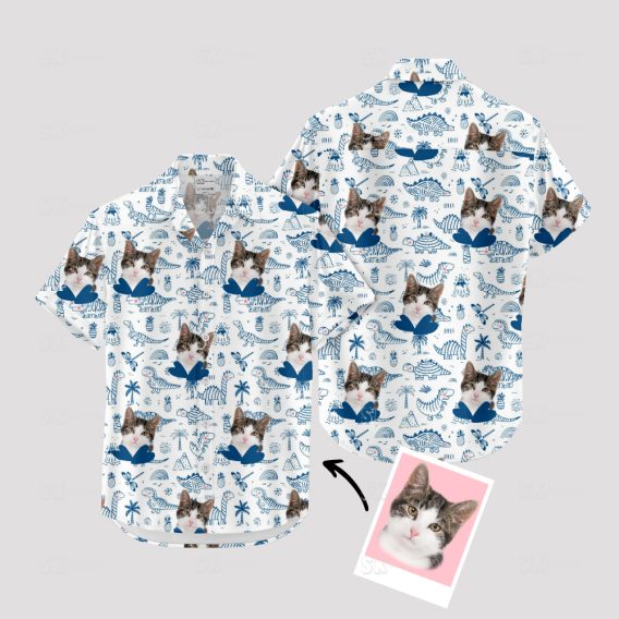 Cat face and dinosaurs on tropical Hawaiian shirt pattern