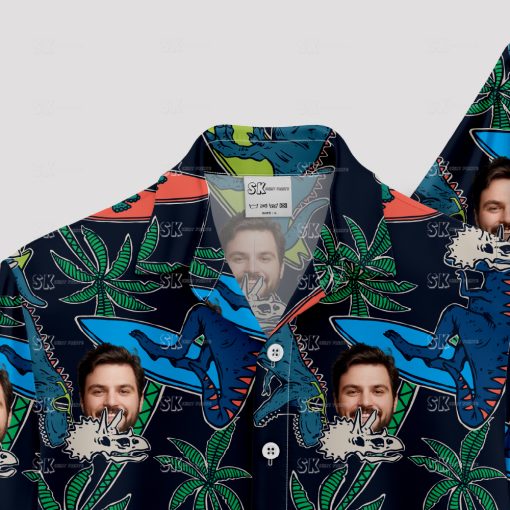 Black Hawaiian shirt with cartoon dinosaurs and custom face print