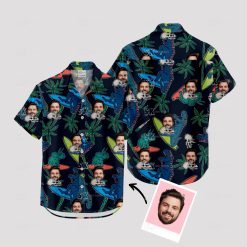 Black Hawaiian shirt with cartoon dinosaurs and custom face print