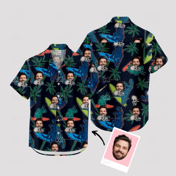 Black Hawaiian shirt with cartoon dinosaurs and custom face print