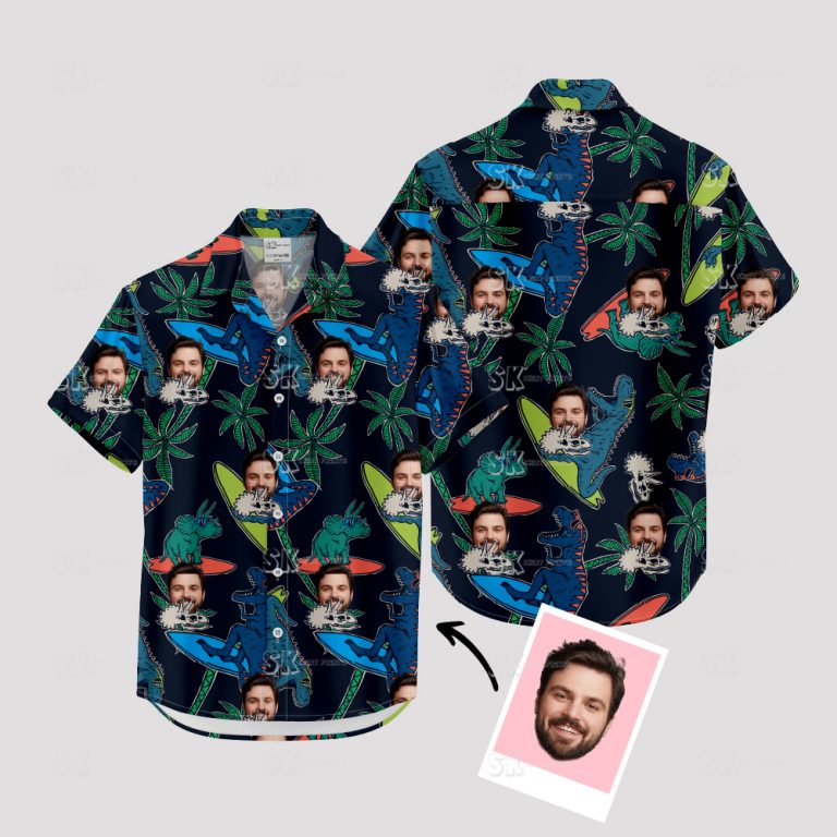 Mens Black Hawaiian Shirt Dinosaur Skulls Custom Face Photo Print