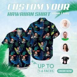 Black Hawaiian shirt with cartoon dinosaurs and custom face print
