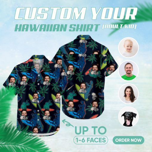Black Hawaiian shirt with cartoon dinosaurs and custom face print