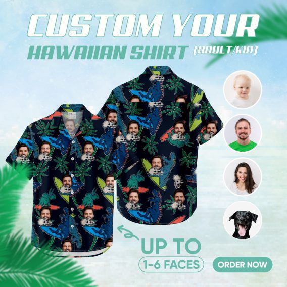 Black Hawaiian shirt with cartoon dinosaurs and custom face print