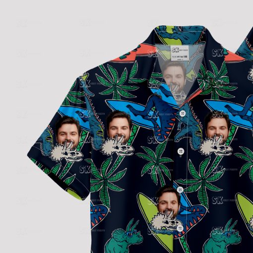 Black Hawaiian shirt with cartoon dinosaurs and custom face print