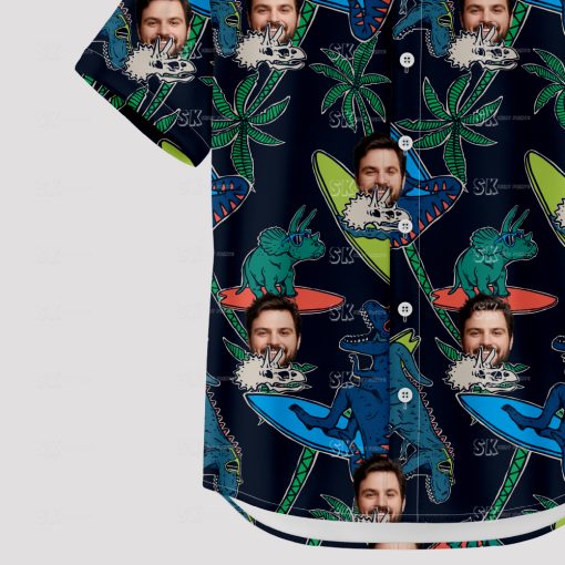 Black Hawaiian shirt with cartoon dinosaurs and custom face print
