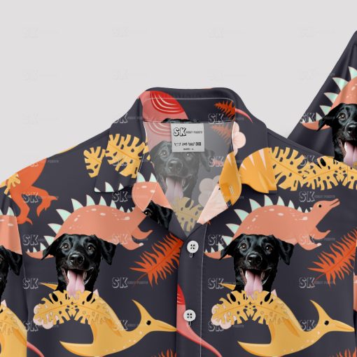 Men's Hawaiian shirt with colorful dinosaurs and black dog face design