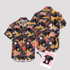 Men's Hawaiian shirt with colorful dinosaurs and black dog face design