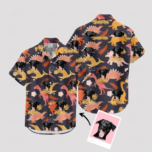 Men's Hawaiian shirt with colorful dinosaurs and black dog face design