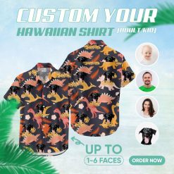 Men's Hawaiian shirt with colorful dinosaurs and black dog face design