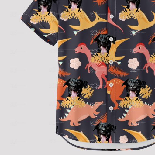 Men's Hawaiian shirt with colorful dinosaurs and black dog face design