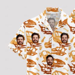 White mens Hawaiian shirt with dinosaur skulls and custom face print