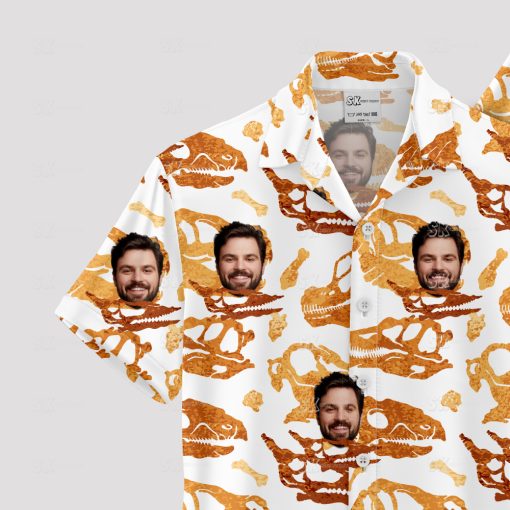 White mens Hawaiian shirt with dinosaur skulls and custom face print