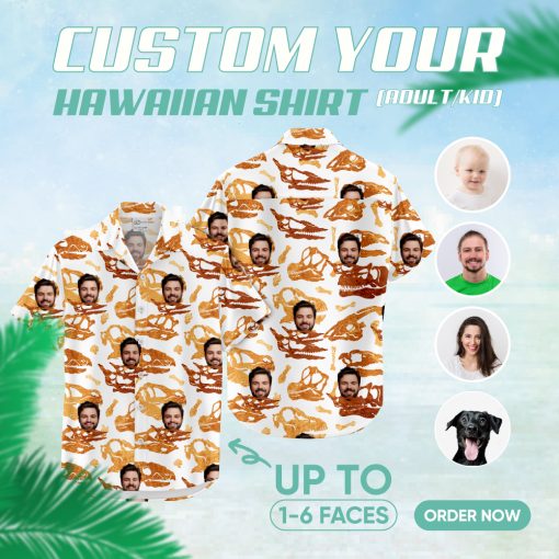 White mens Hawaiian shirt with dinosaur skulls and custom face print