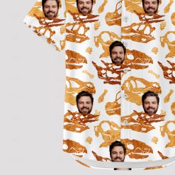 White mens Hawaiian shirt with dinosaur skulls and custom face print