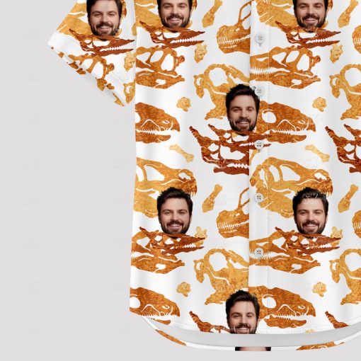 White mens Hawaiian shirt with dinosaur skulls and custom face print