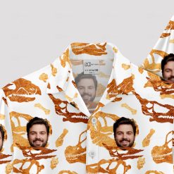 White mens Hawaiian shirt with dinosaur skulls and custom face print