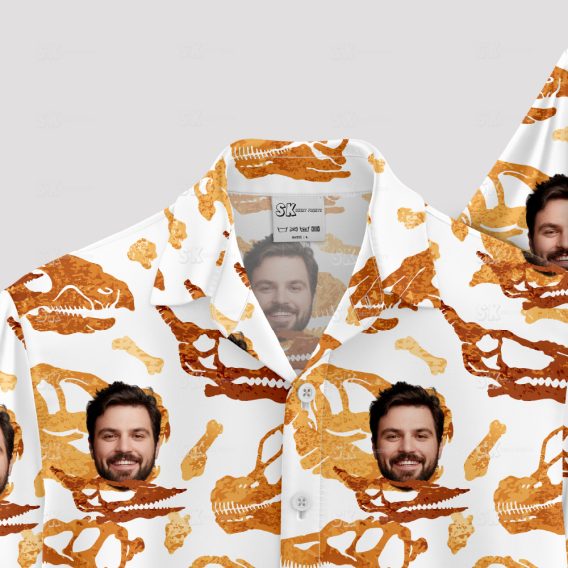 White mens Hawaiian shirt with dinosaur skulls and custom face print